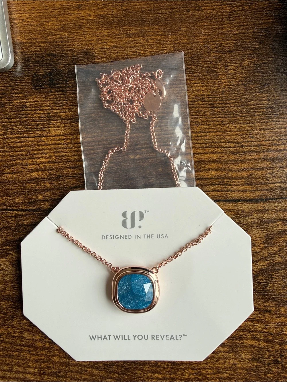 Rose Gold Necklace with Blue Stone Pendant